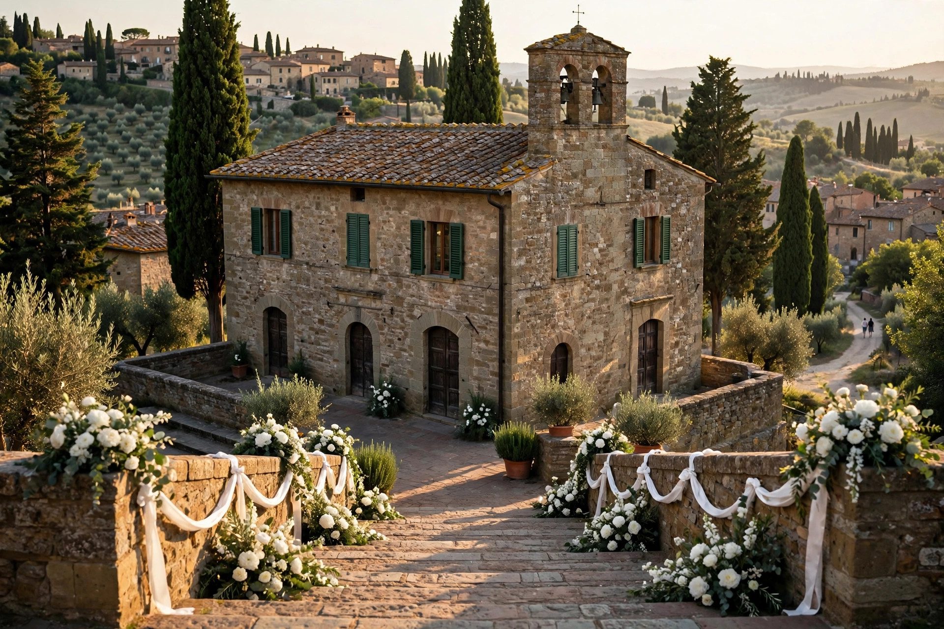 Dove Cameron wedding: historic stone town hall in Montalcino, Tuscany, decorated with white wedding flowers