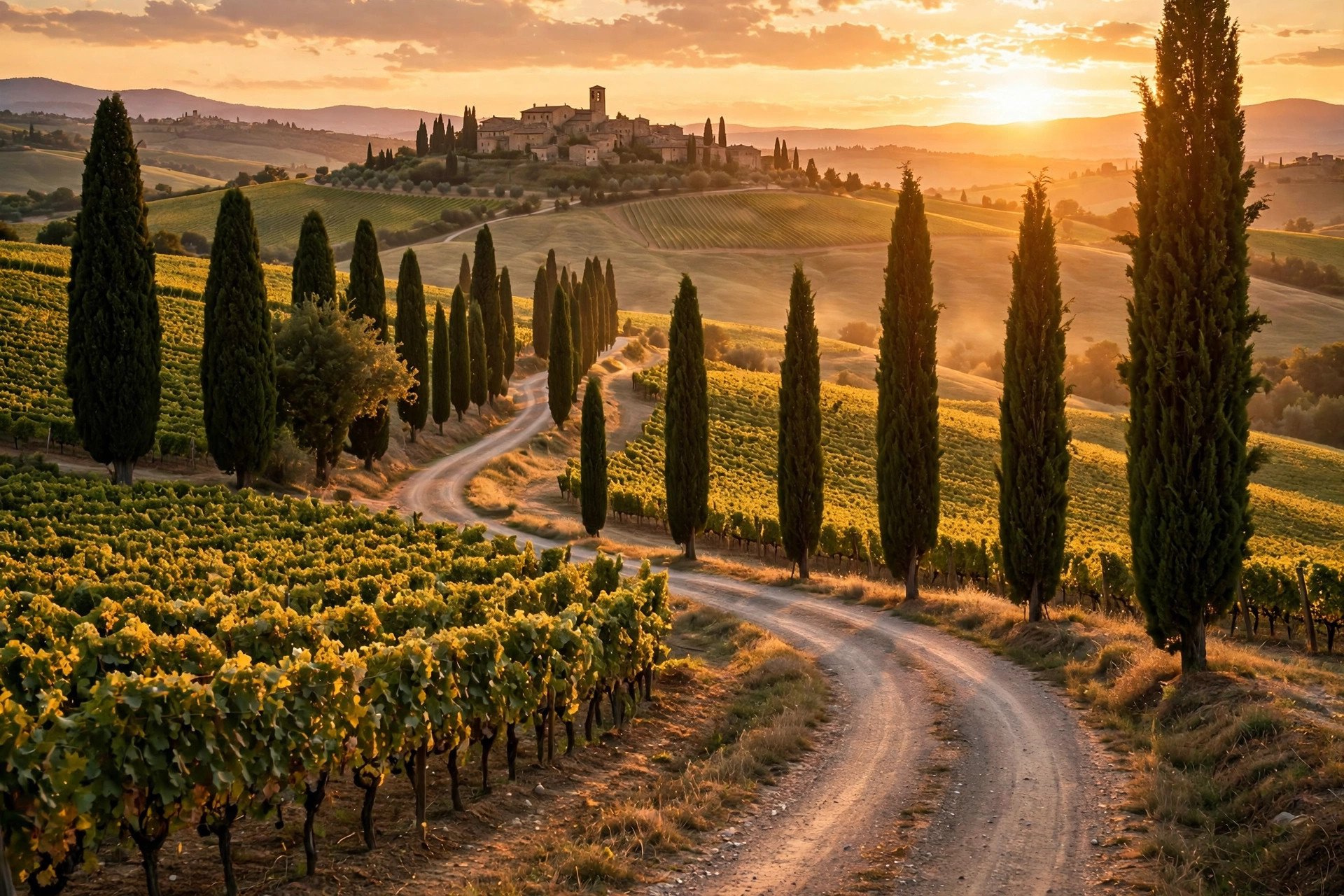 Brunello wine vineyards and rolling hills around Montalcino, Tuscany