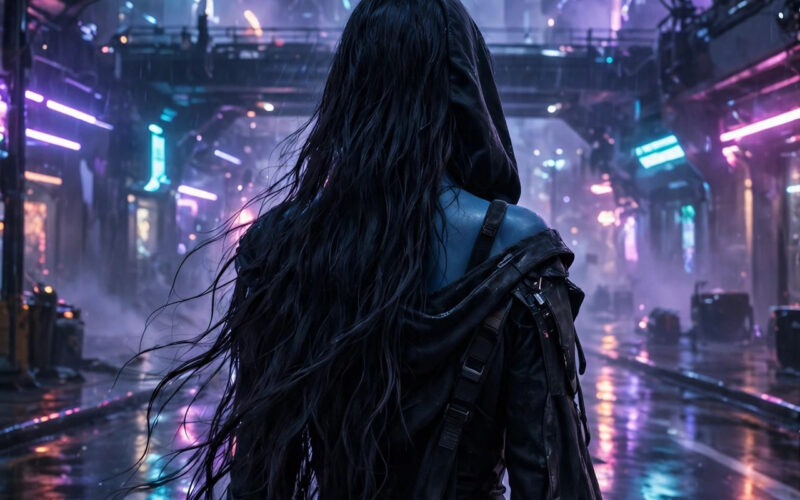 Elle Fanning Mystique rumor: blue-skinned silhouette walking through a neon-lit futuristic city at night