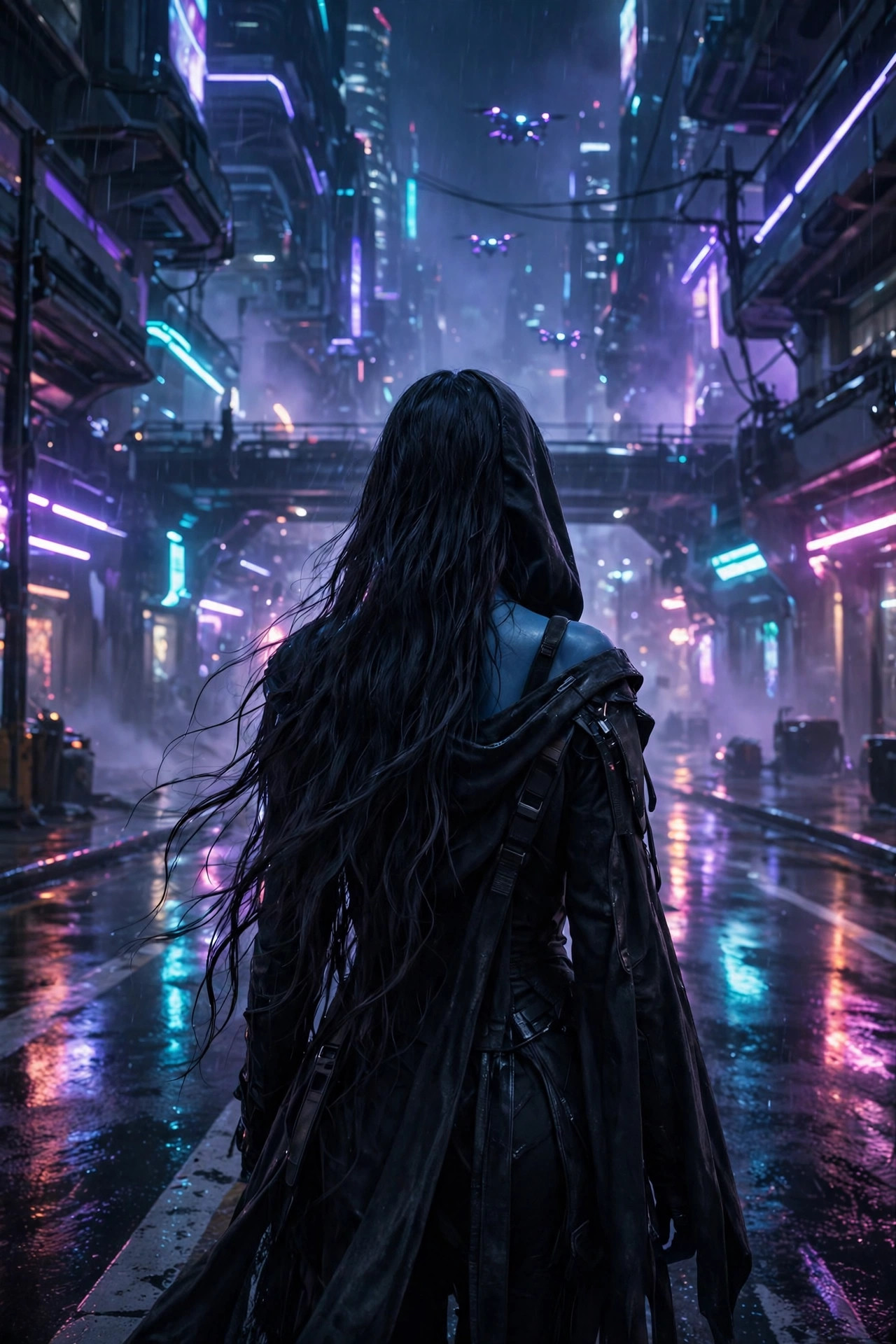 Elle Fanning Mystique rumor: blue-skinned silhouette walking through a neon-lit futuristic city at night