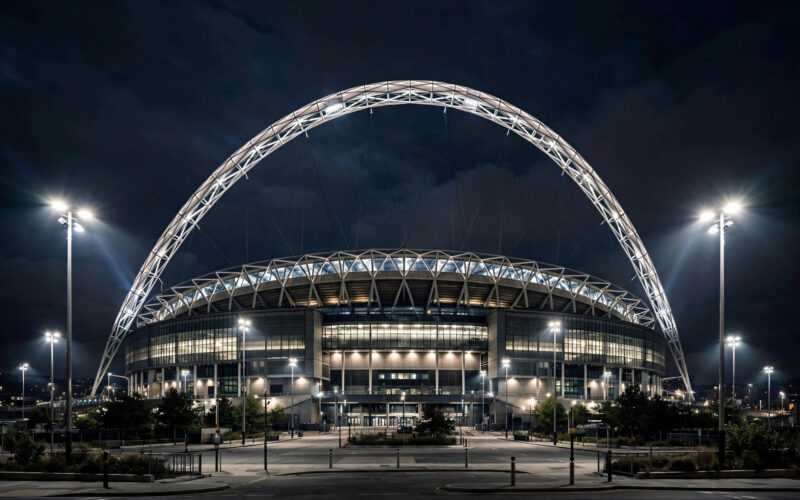England vs Spain Wembley: the stadium arch glowing at night with floodlights over the pitch