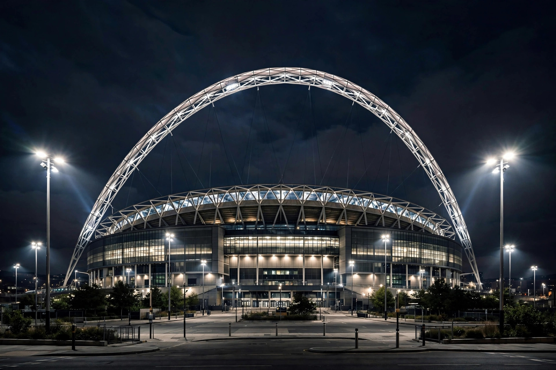 England vs Spain Wembley: the stadium arch glowing at night with floodlights over the pitch