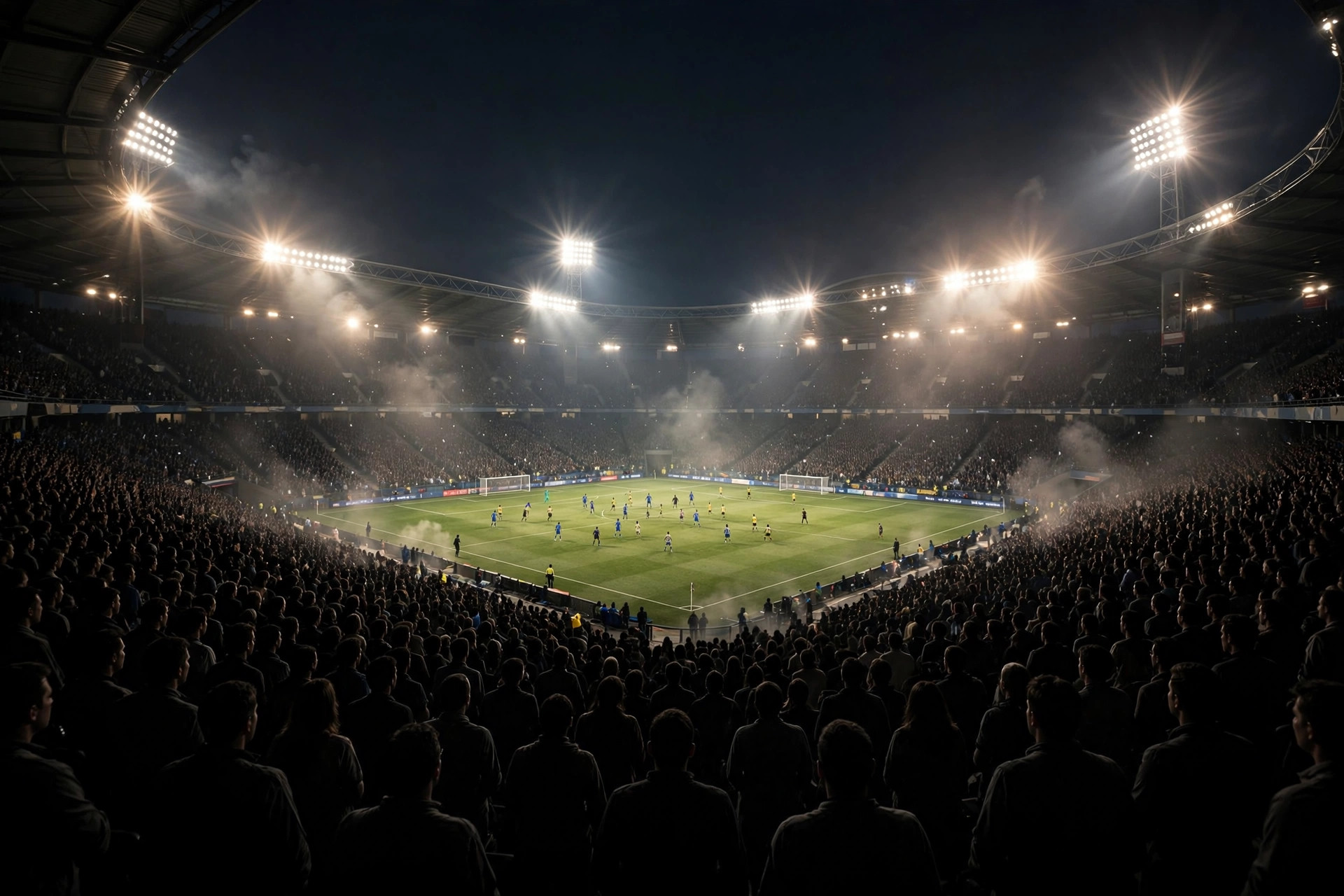 Wide view of a packed soccer stadium interior at night during an international match