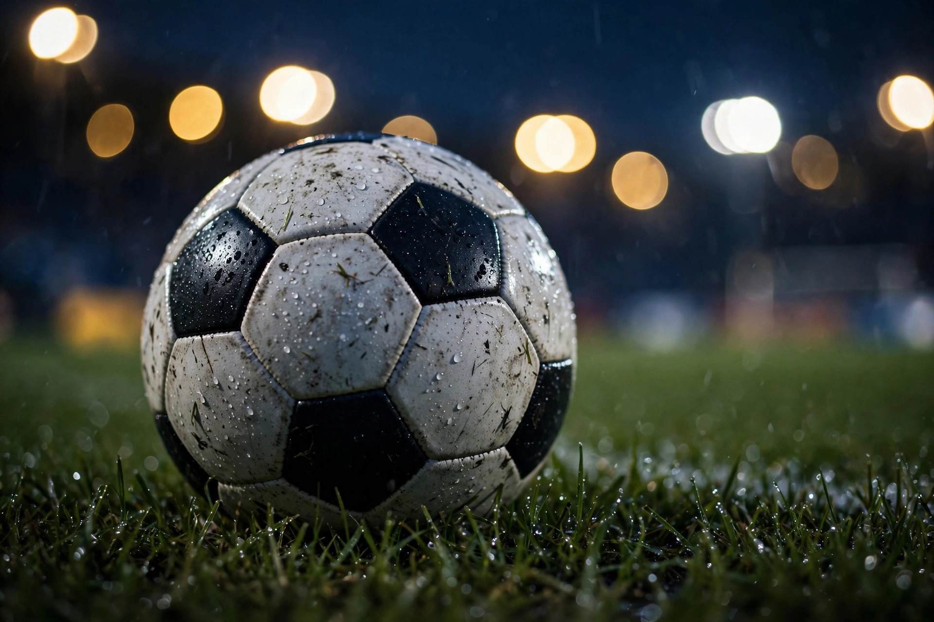 Close-up of a soccer ball on the pitch with blurred stadium floodlights behind