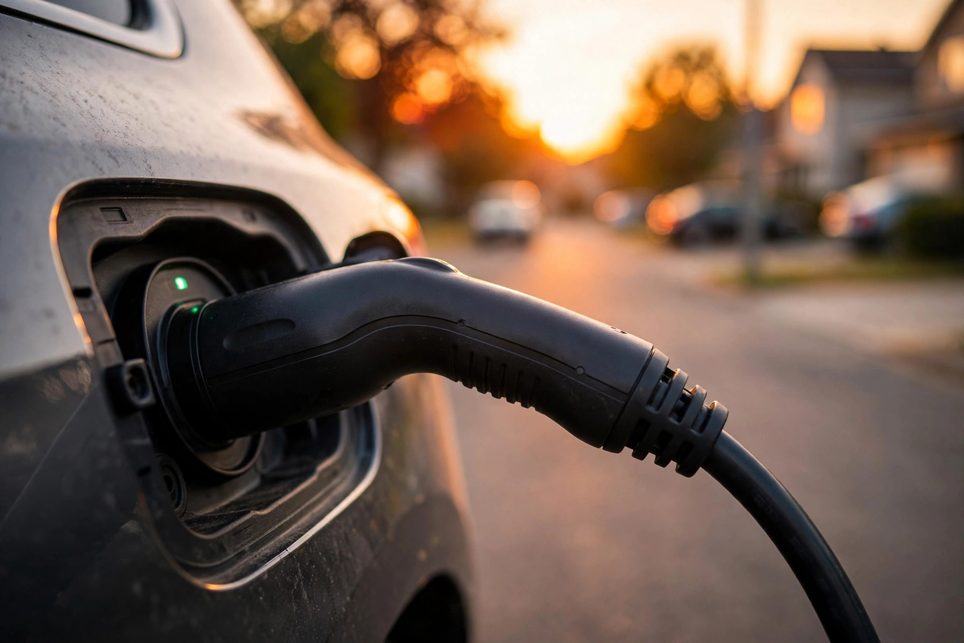 EV charging cable plugged in at sunset