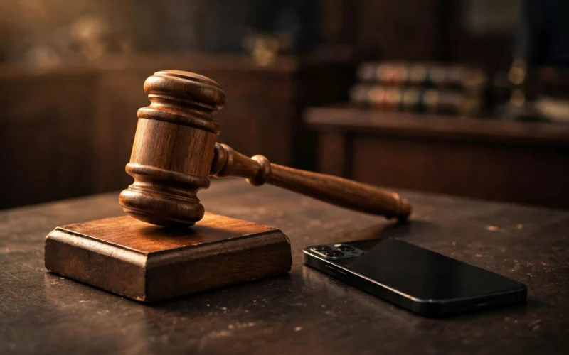 Judge's gavel on a courthouse desk with a smartphone nearby, Facebook privacy lawsuit New Mexico verdict