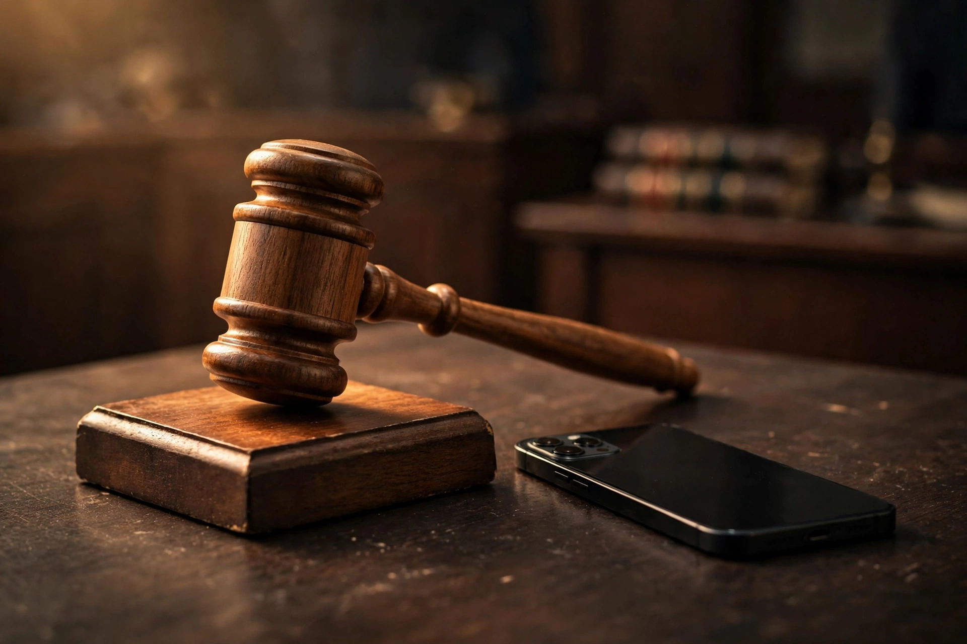 Judge's gavel on a courthouse desk with a smartphone nearby, Facebook privacy lawsuit New Mexico verdict