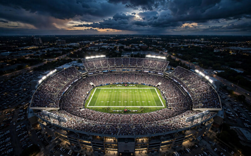 Falcons Packers score Thursday Night Football: aerial night view of a packed NFL stadium under floodlights
