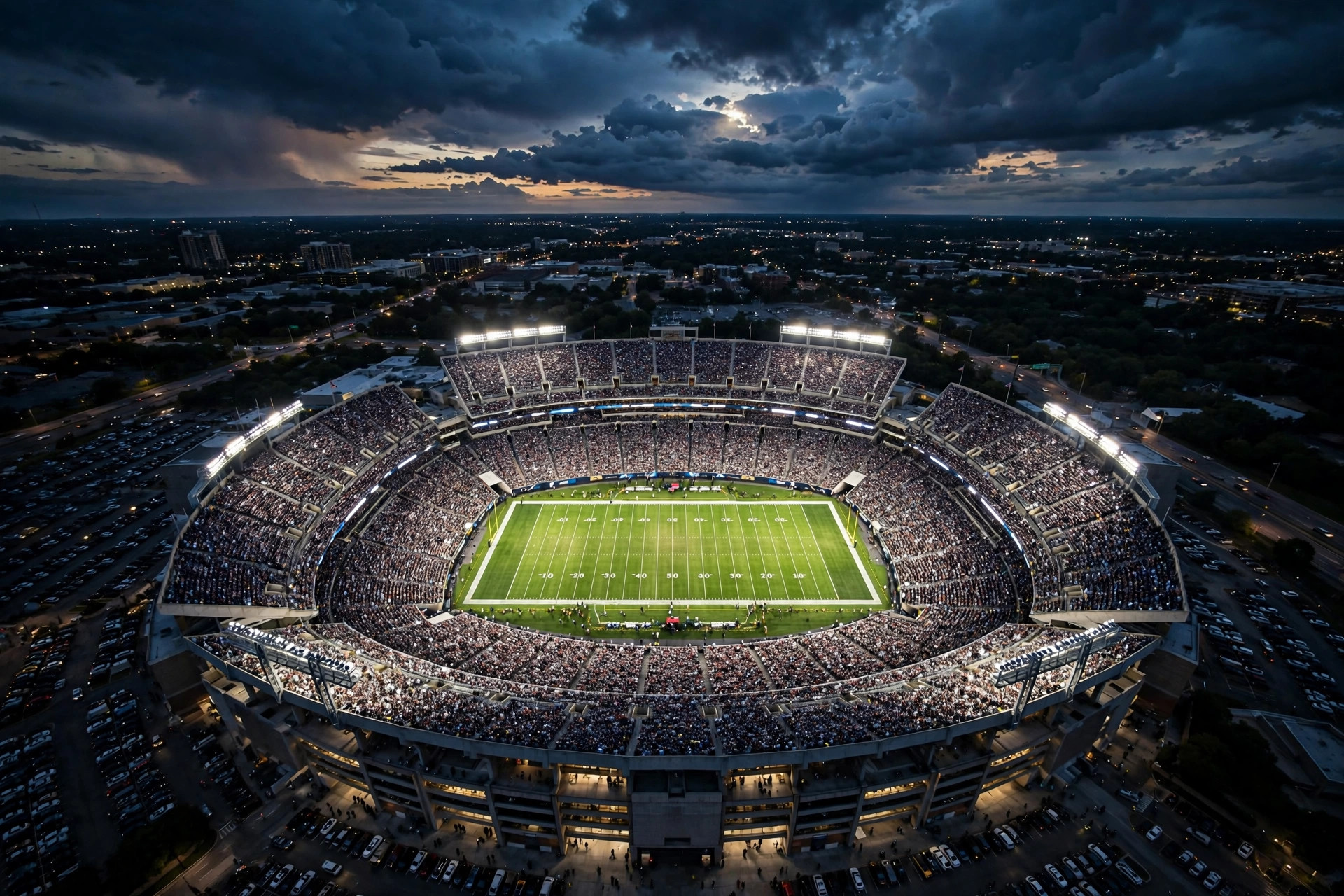 Falcons Packers score Thursday Night Football: aerial night view of a packed NFL stadium under floodlights