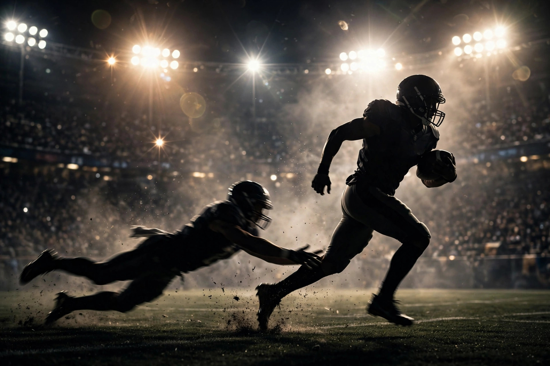 Running back silhouette breaking a tackle under stadium lights in a night football game