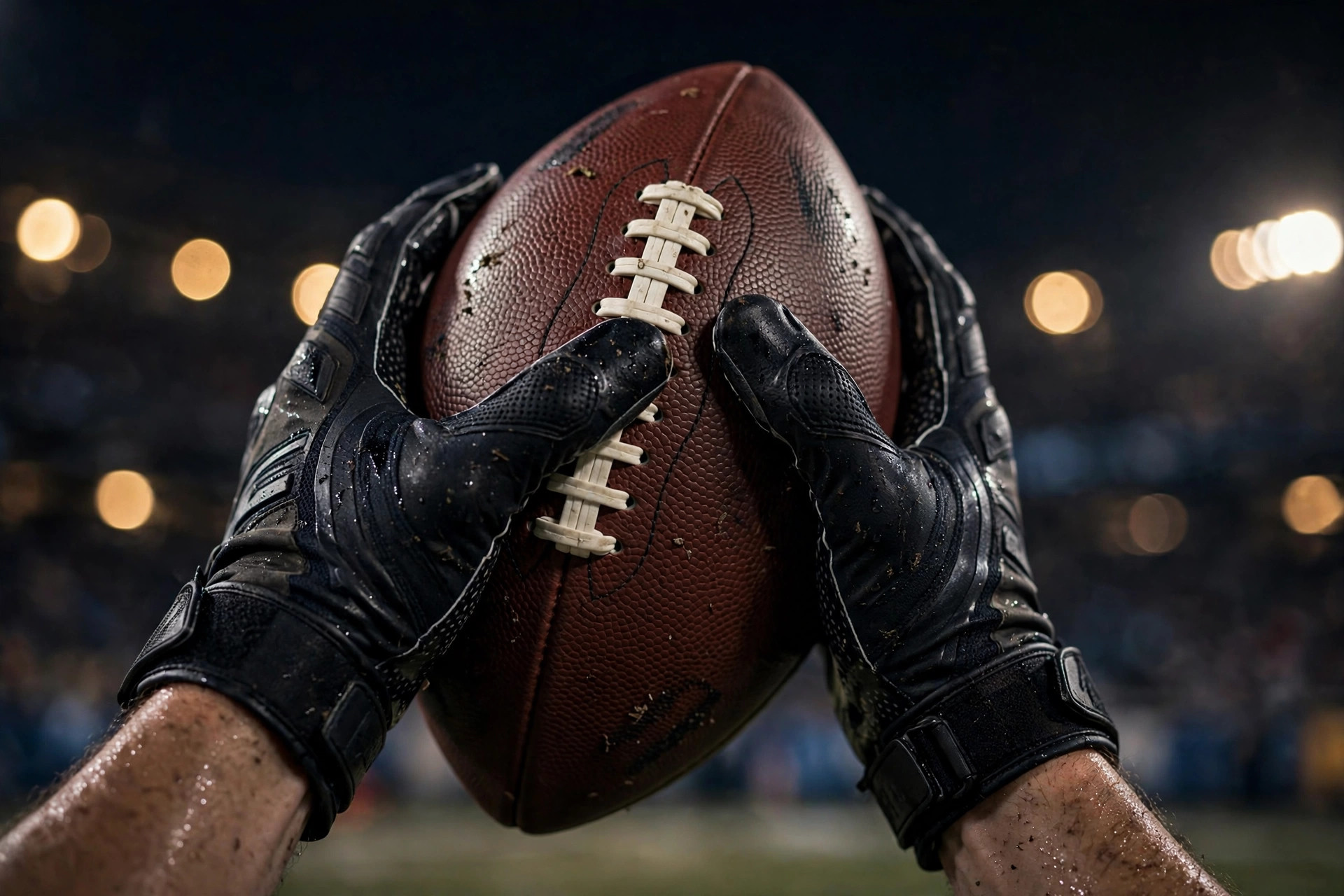 Close-up of a quarterback's hands gripping a football at night in a stadium
