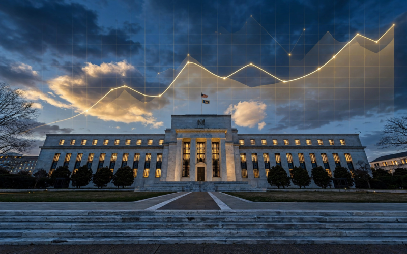 Federal Reserve headquarters in Washington with chart showing Fed rate hike path above, September 2026