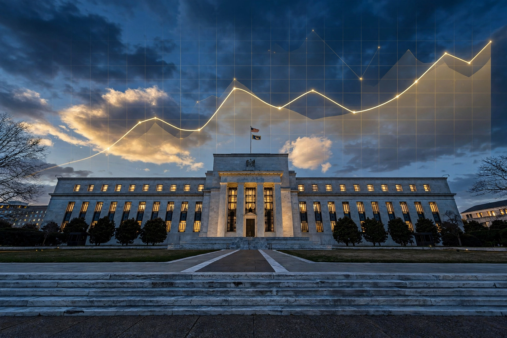 Federal Reserve headquarters in Washington with chart showing Fed rate hike path above, September 2026