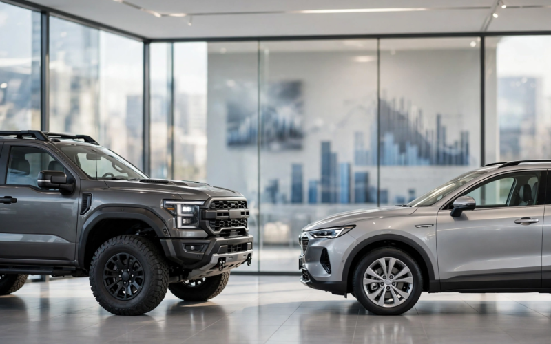 An American pickup truck and a modern crossover SUV in a dealership showroom illustrating the Ford Hyundai Q3 2026 sales forecast Cox Automotive
