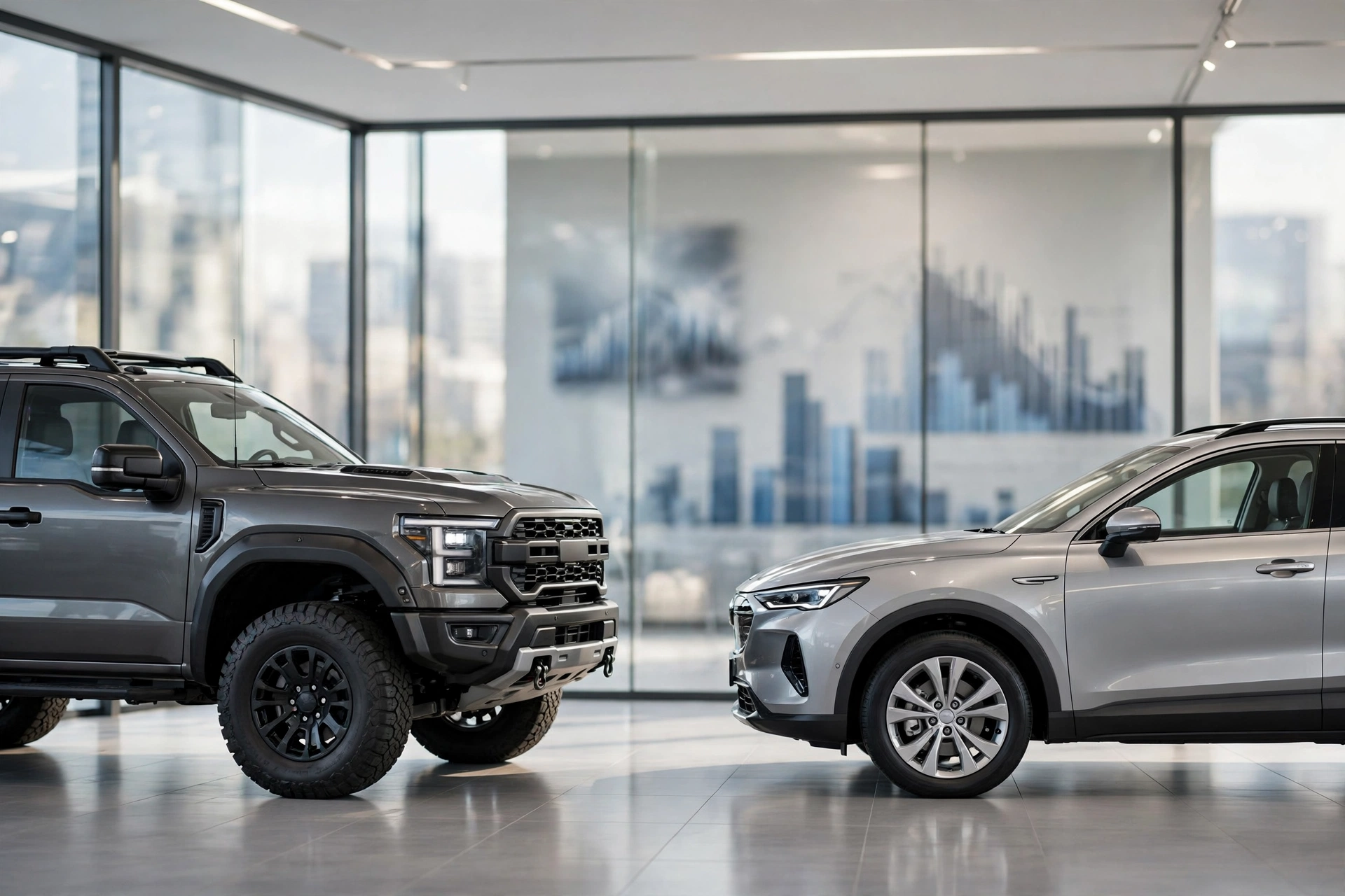 An American pickup truck and a modern crossover SUV in a dealership showroom illustrating the Ford Hyundai Q3 2026 sales forecast Cox Automotive