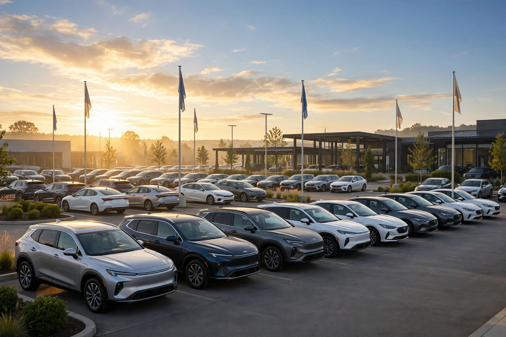 Rows of new hybrid SUVs at a dealership lot at sunrise in the Ford Hyundai Q3 2026 sales forecast Cox Automotive report