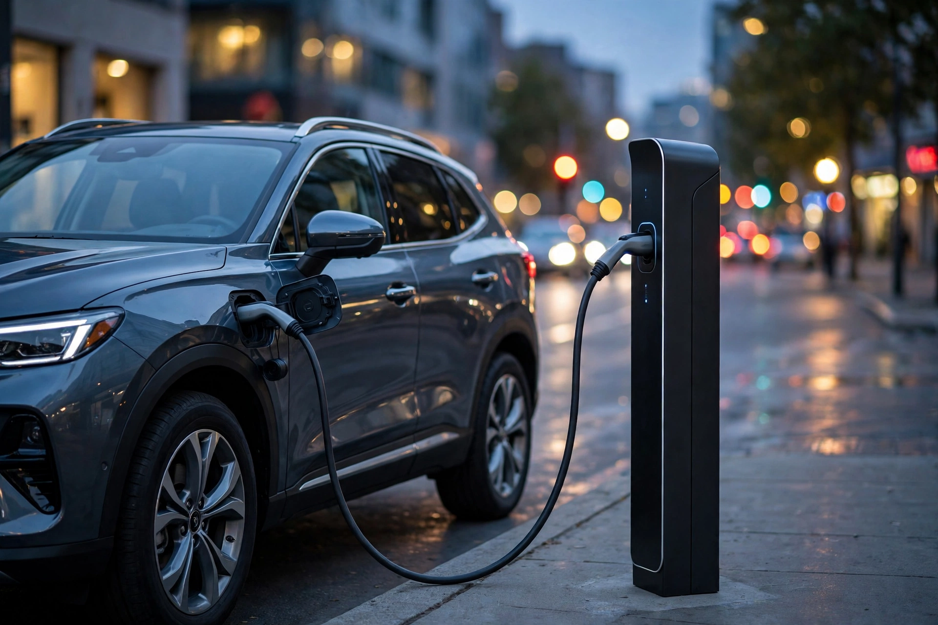 A hybrid SUV charging at a city charging station reflecting the Ford Hyundai Q3 2026 sales forecast Cox Automotive trend