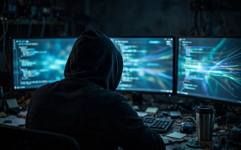Kiberphant0m telecom hacking sentence: hooded figure at glowing computer monitors in a dark room