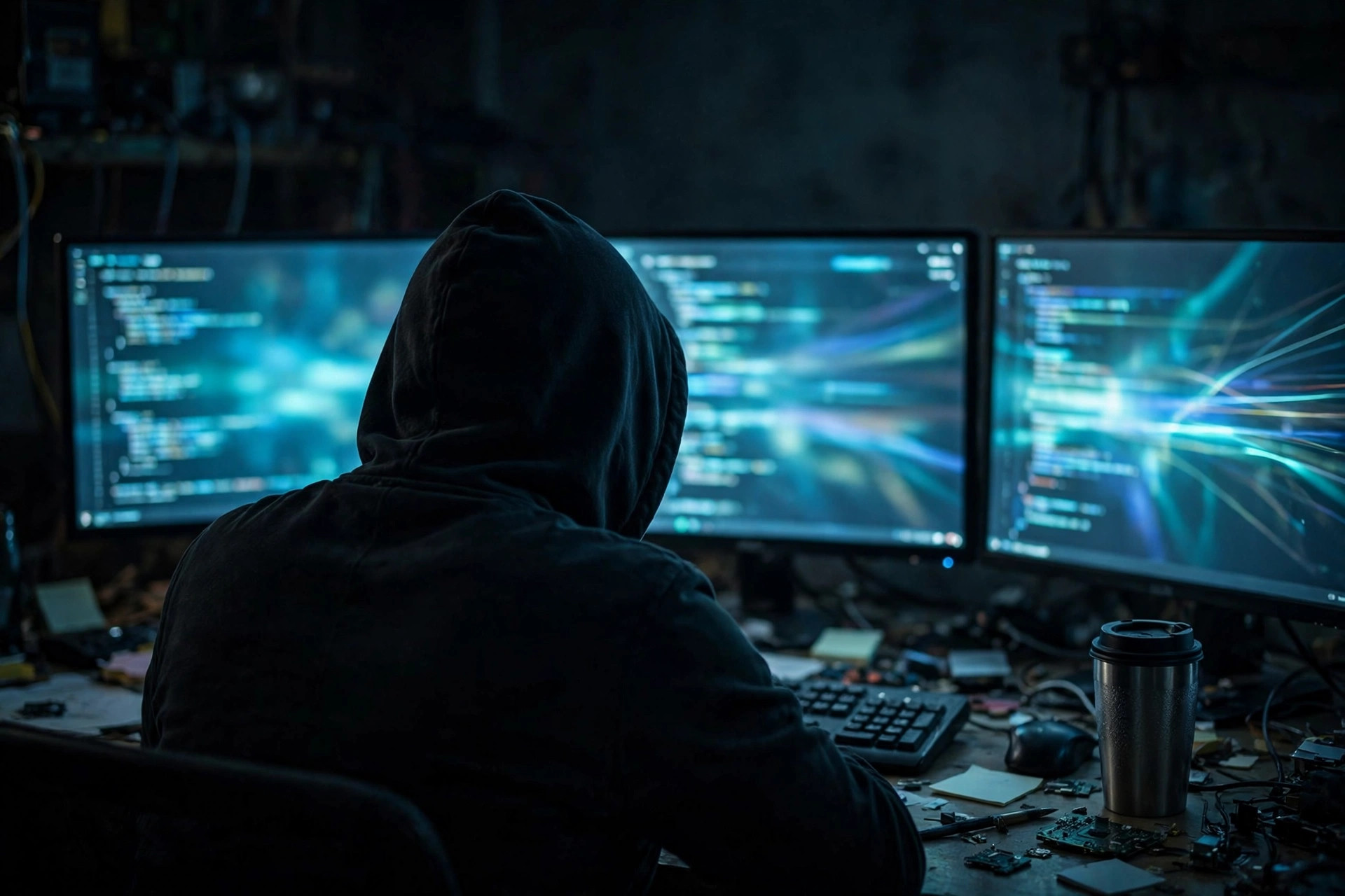 Kiberphant0m telecom hacking sentence: hooded figure at glowing computer monitors in a dark room