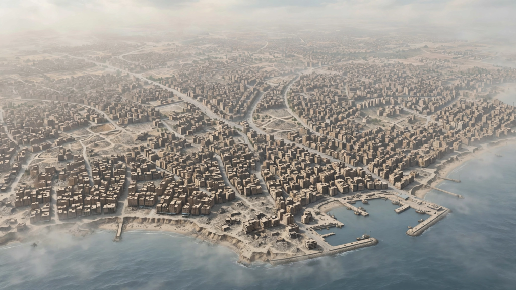 Aerial view of Gaza skyline with smoke rising from an airstrike in the Gaza commander airstrike report