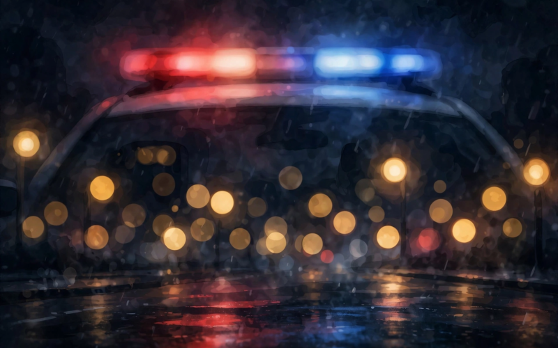 Police cruiser lights glowing red and blue at night, illustrating the Gottmik DUI arrest Burbank Drag Race story