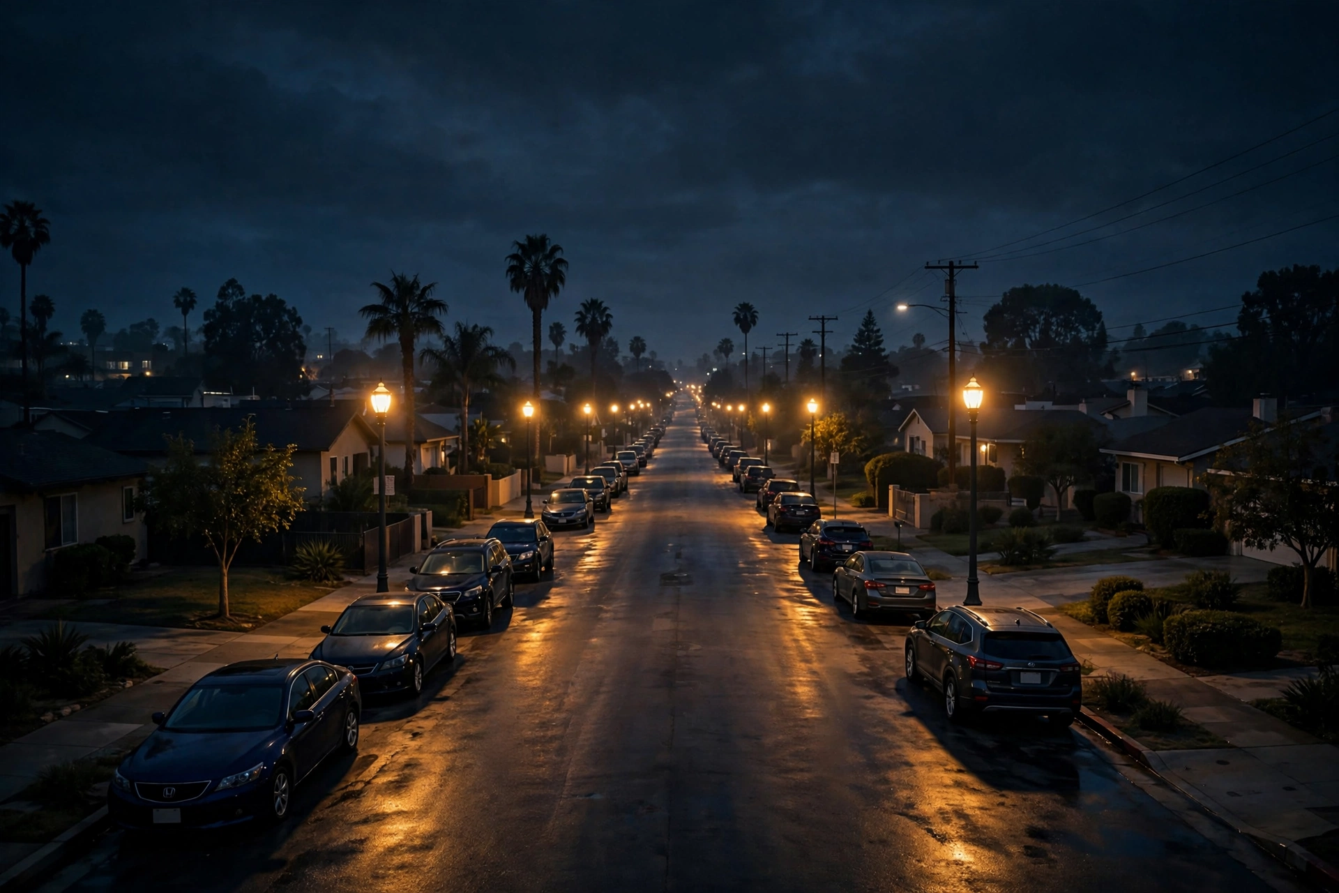 Dim night street in Burbank with parked cars and street lamps, related to the Gottmik DUI arrest Burbank Drag Race report