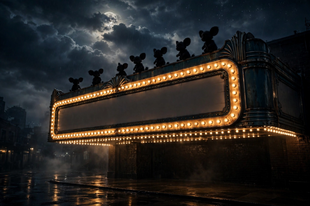 Night cinema marquee art with small fuzzy creature silhouettes for Gremlins 3