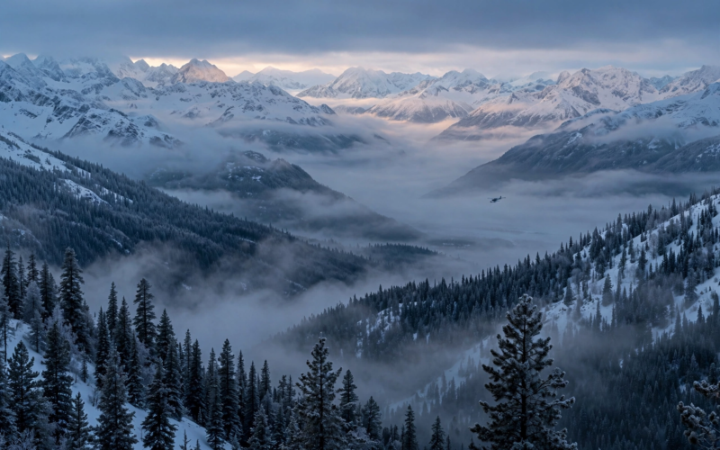 Snow-covered Alaskan mountain wilderness at dawn in Heart of the Beast Brad Pitt survival drama
