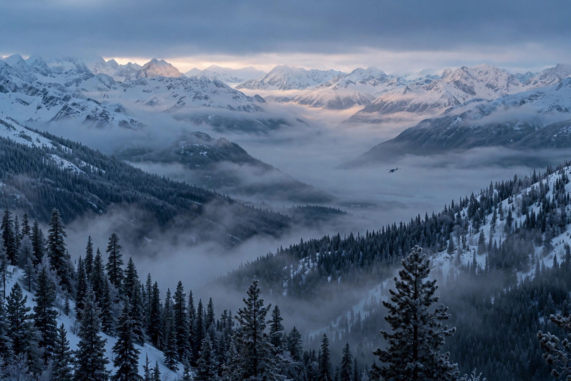 Snow-covered Alaskan mountain wilderness at dawn in Heart of the Beast Brad Pitt survival drama