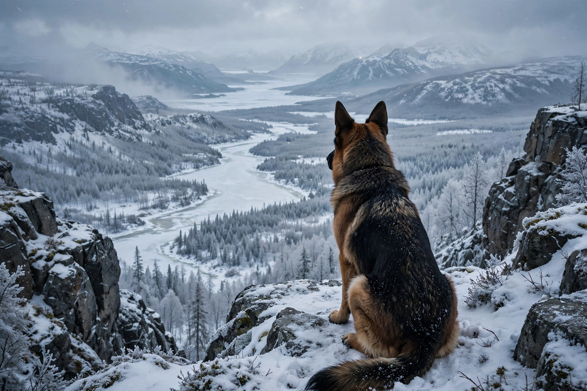 German Shepherd dog like Odin overlooking a frozen wilderness valley in Heart of the Beast Brad Pitt
