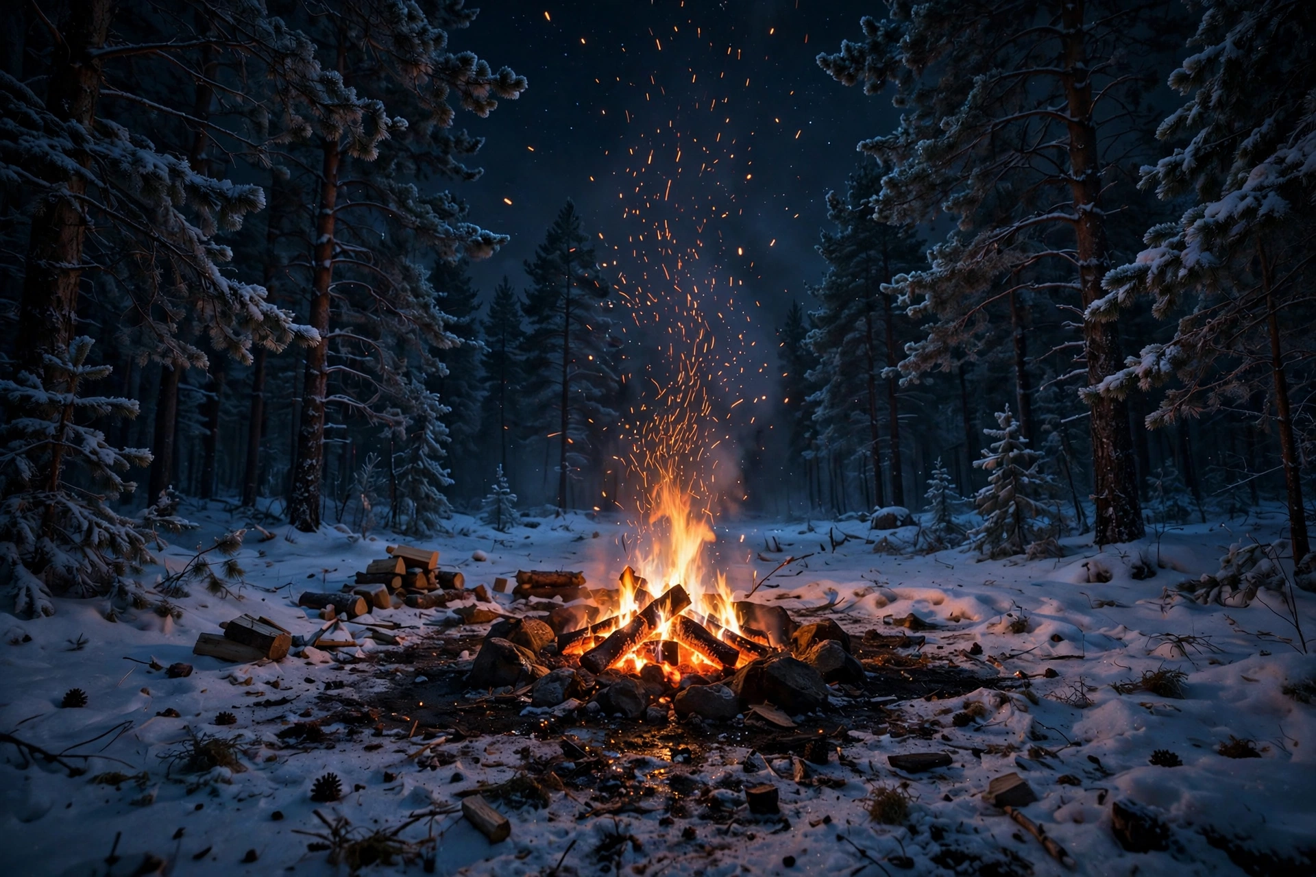 Campfire glowing in a snowy forest clearing at night, survival atmosphere from Heart of the Beast Brad Pitt
