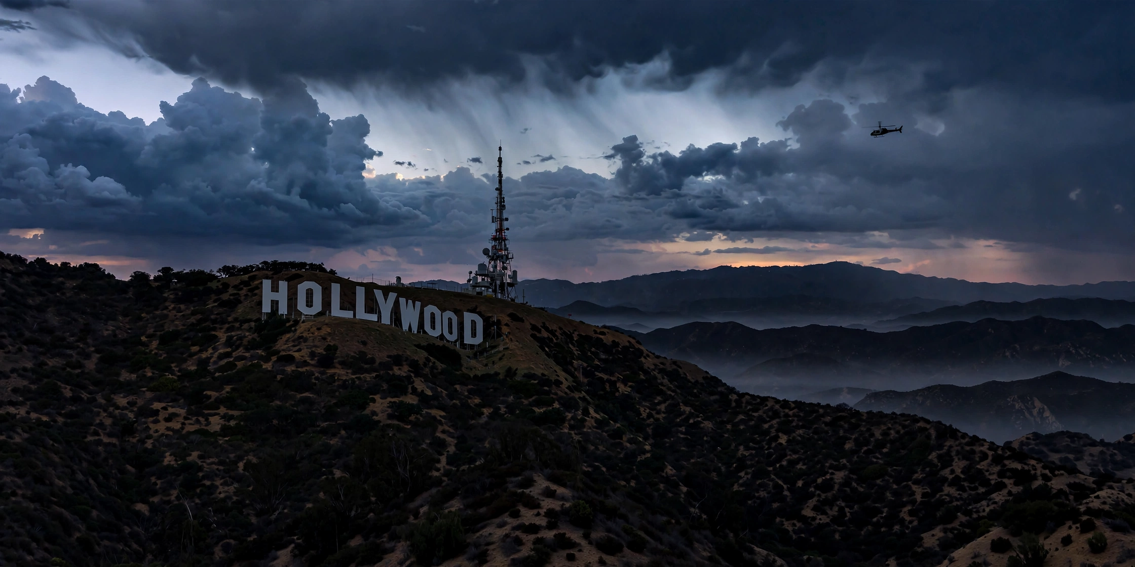 Hollywood Sign under a dramatic dusk sky with a distant police helicopter silhouette, echoing the Hollywood sign mummified dominatrix Sabine Tautou police response