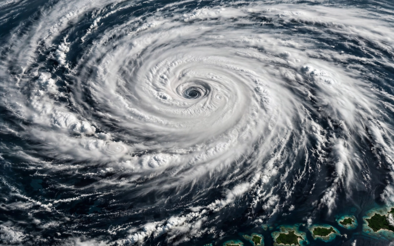 Satellite view of Hurricane Nolo swirling over the Pacific south of Hawaii with the Hurricane Nolo Hawaii forecast track