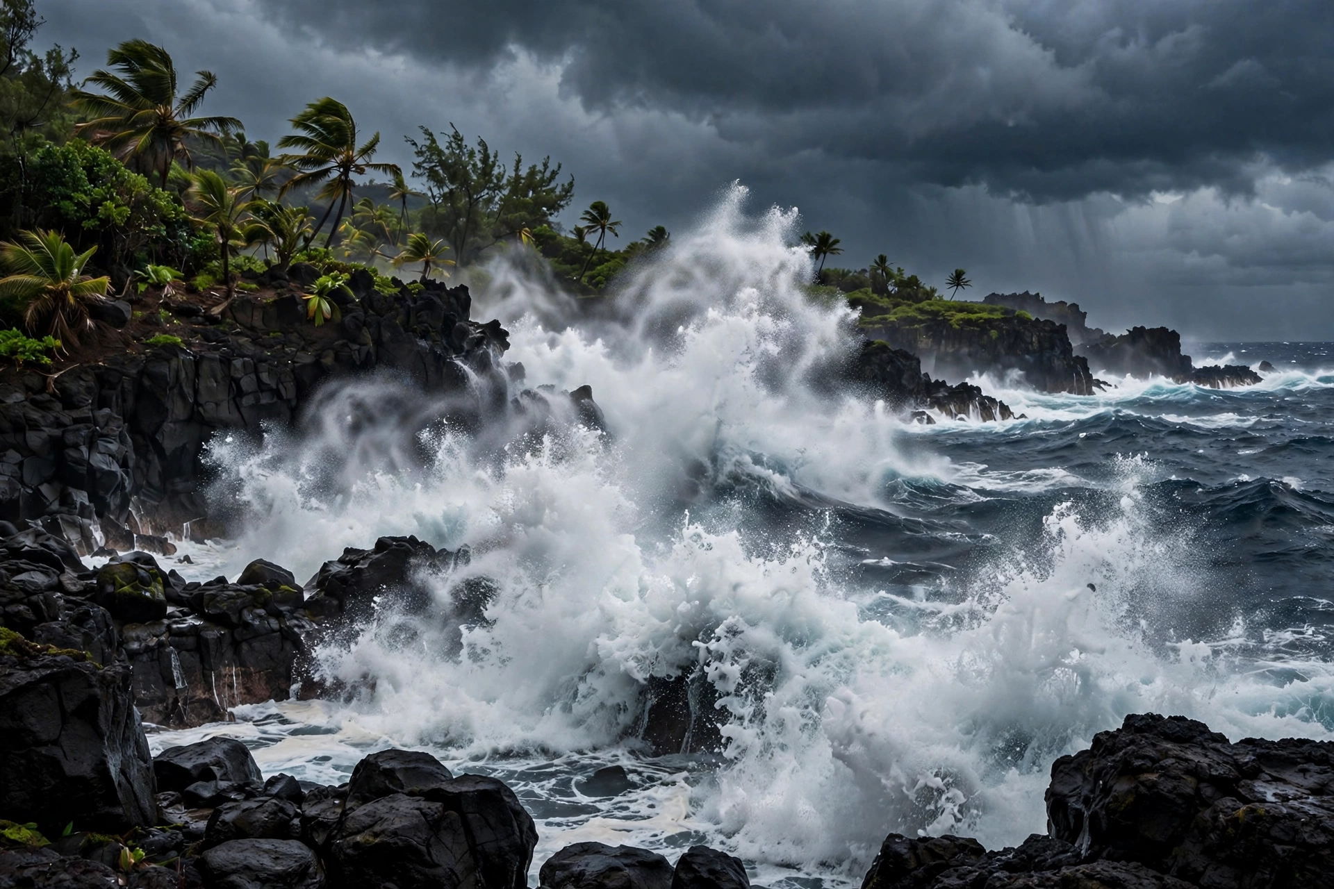 Massive storm waves crashing against the Big Island coastline as Hurricane Nolo Hawaii approaches