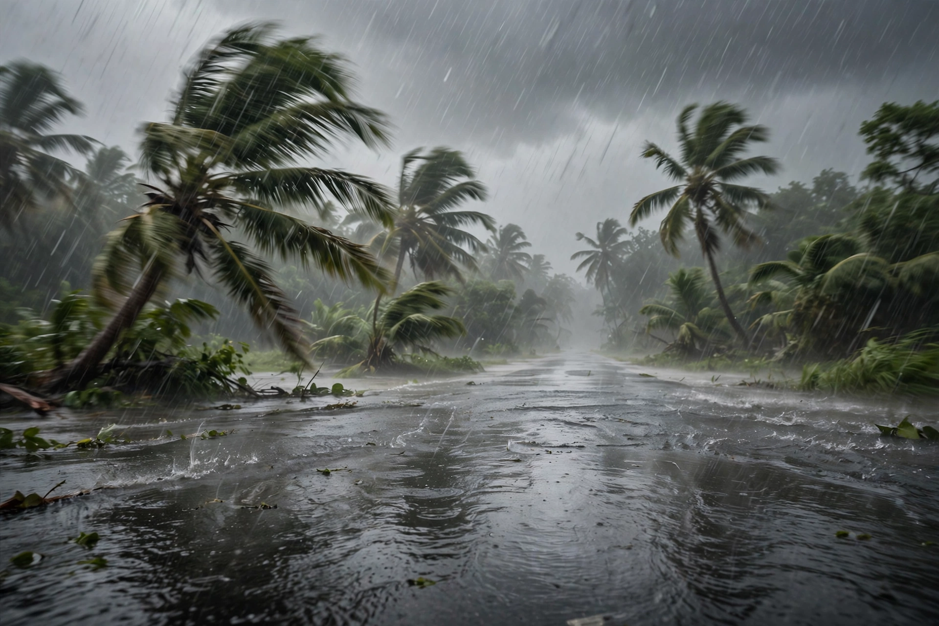 Tropical downpour flooding a road in Hawaii during the Hurricane Nolo Hawaii storm threat