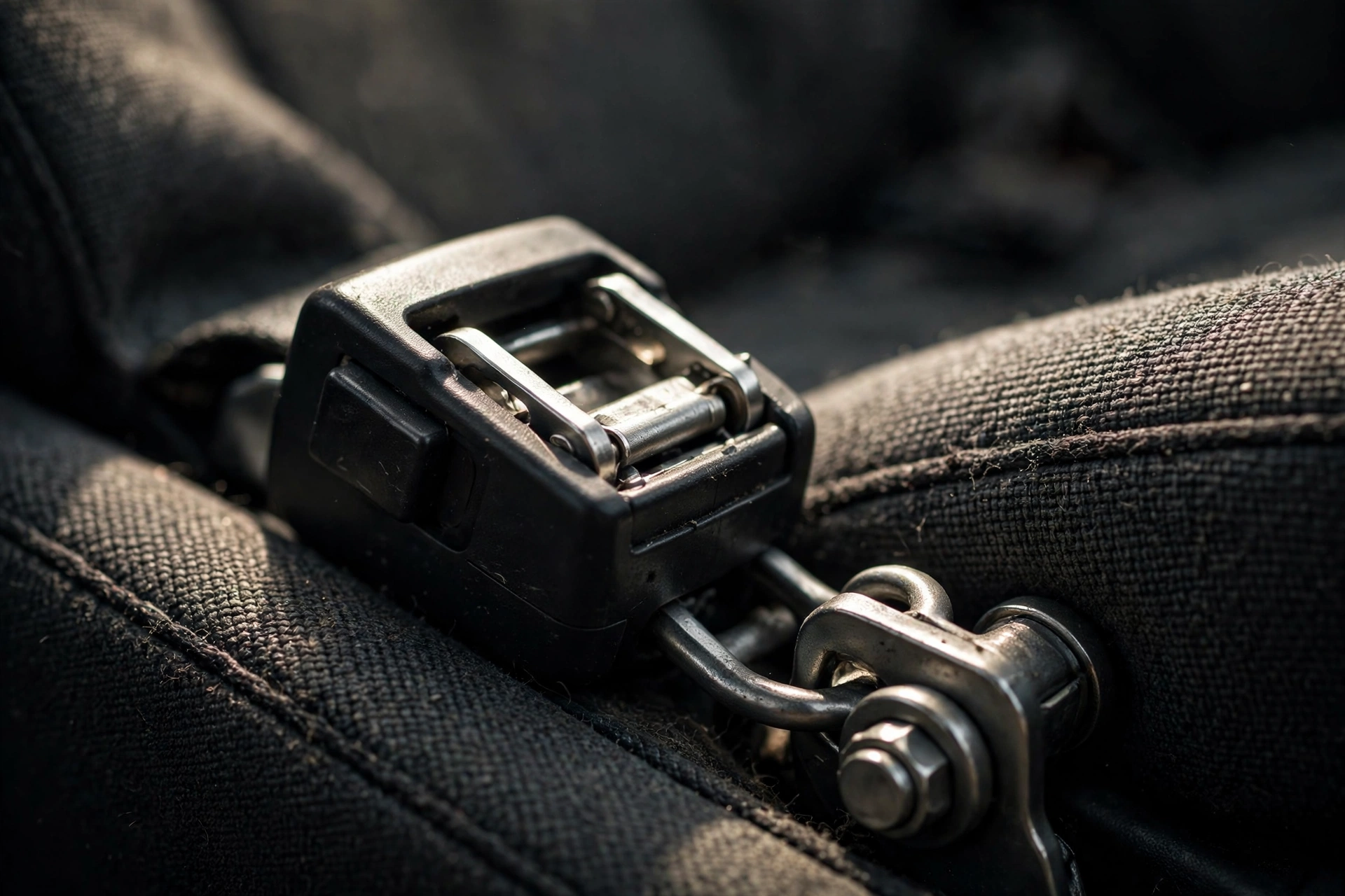 Close-up detail of a car seatbelt buckle and anchor, illustrating the Hyundai Kona recall seatbelt flaw