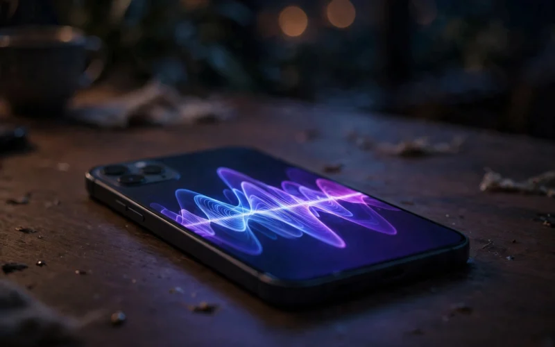 iPhone on a desk glowing with an abstract assistant visualization, iOS 27 Siri AI concept