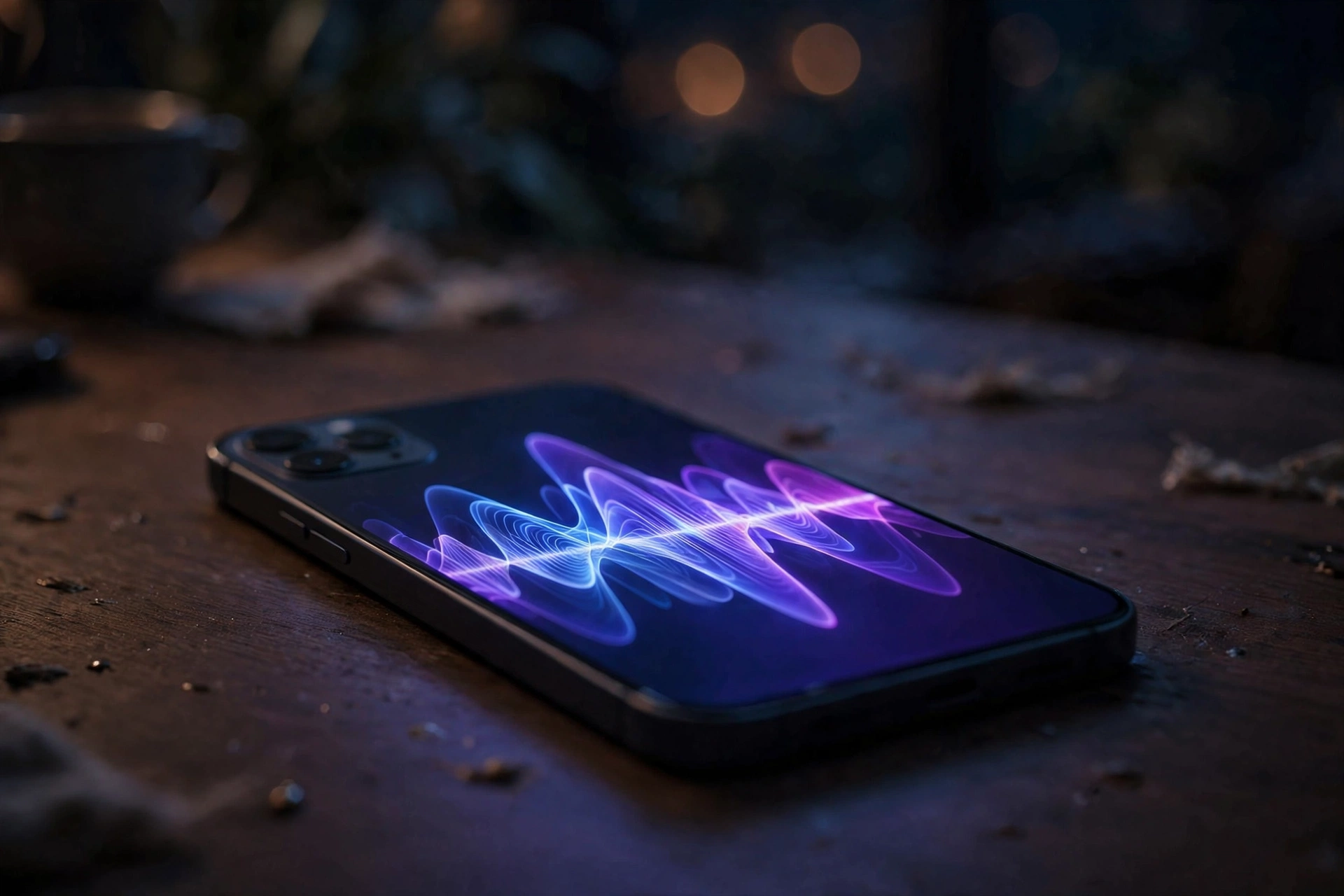 iPhone on a desk glowing with an abstract assistant visualization, iOS 27 Siri AI concept
