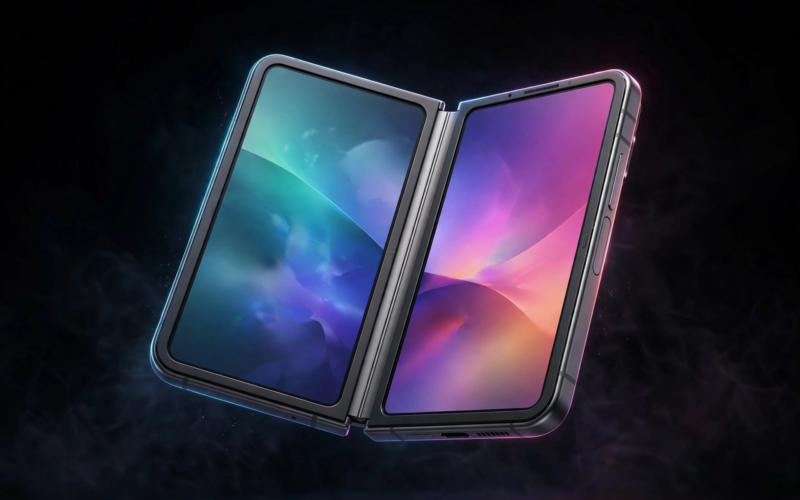 The iPhone Duo foldable half-open like a book with the $1,999 price and October 23 release date