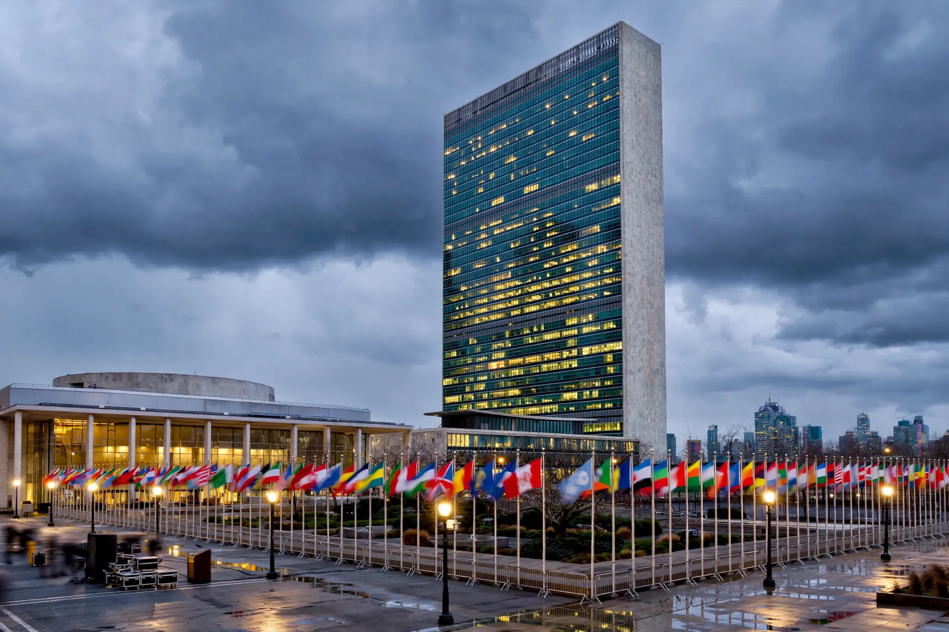 Iran Araghchi doomsday war warning — United Nations headquarters in New York at dusk