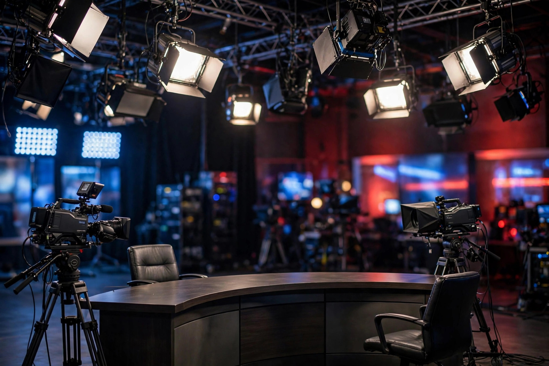 Television news interview studio set ahead of a Meet the Press broadcast