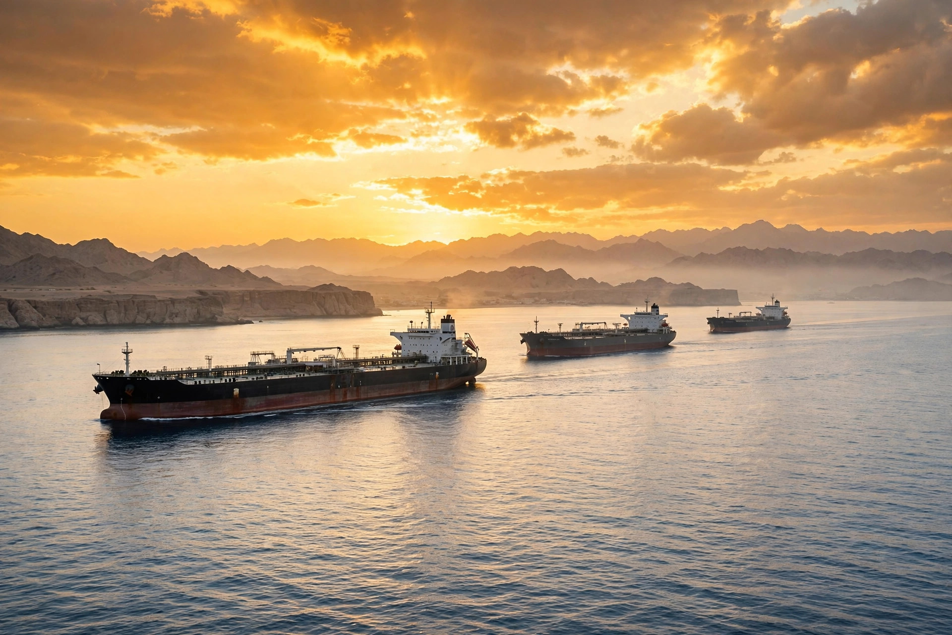 Oil tankers near the Strait of Hormuz at sunrise