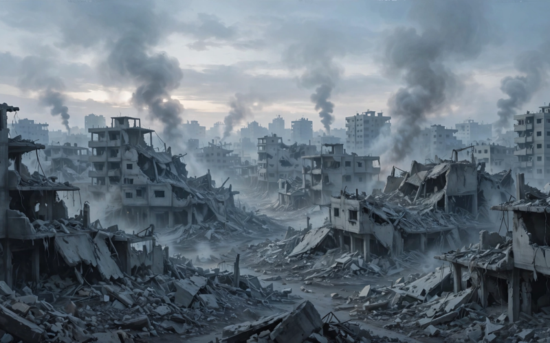 Gaza airstrike aftermath — damaged city buildings under smoke from the strike that killed Hamas commander Izz al-Din Al-Beik