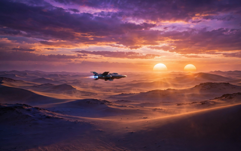Twin suns setting over a desert planet in a Jon Watts Star Wars movie concept vista, starship flying toward the horizon