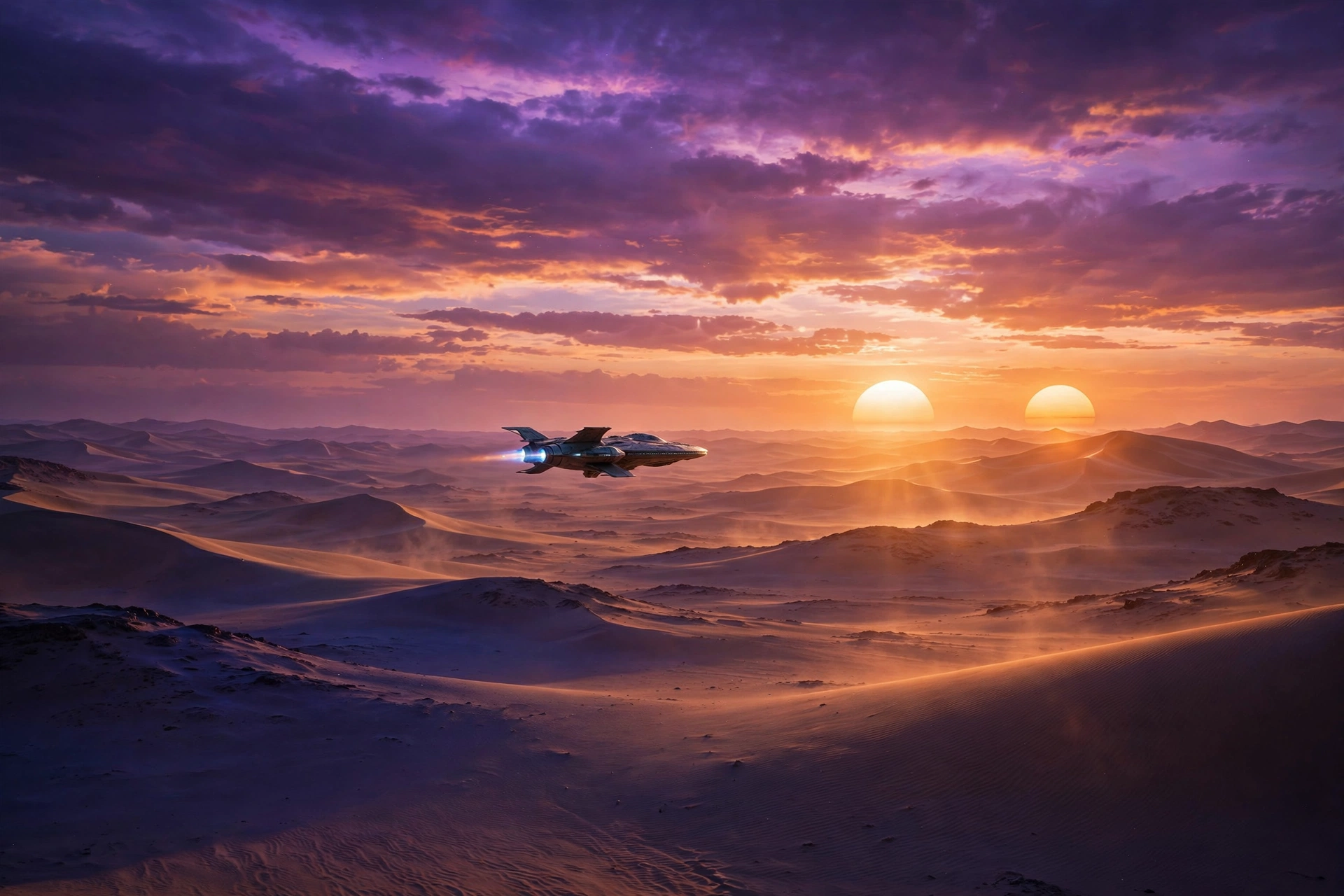 Twin suns setting over a desert planet in a Jon Watts Star Wars movie concept vista, starship flying toward the horizon