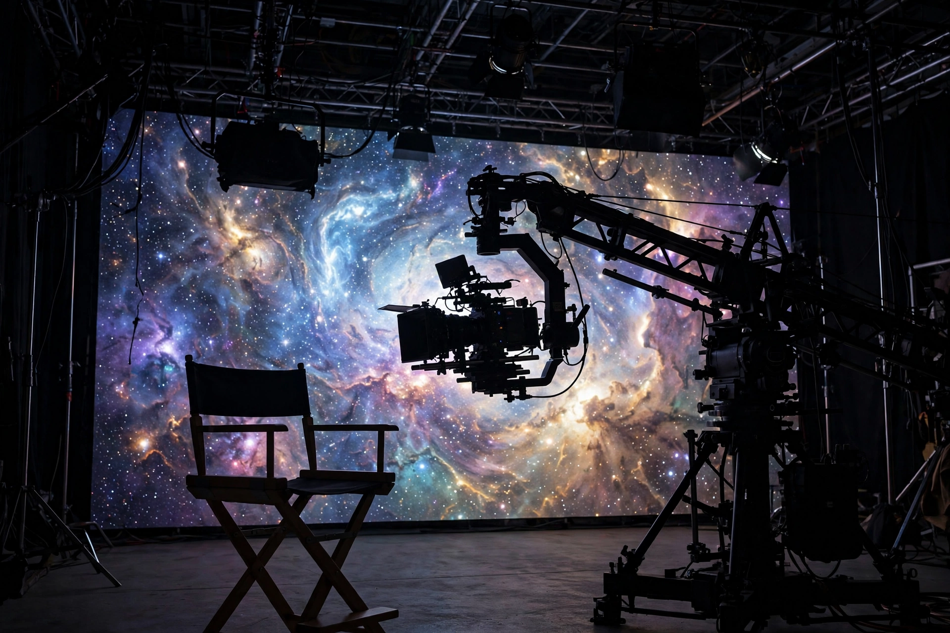 Director's chair and camera rig silhouetted against a glowing galaxy backdrop, evoking the Jon Watts Star Wars movie set