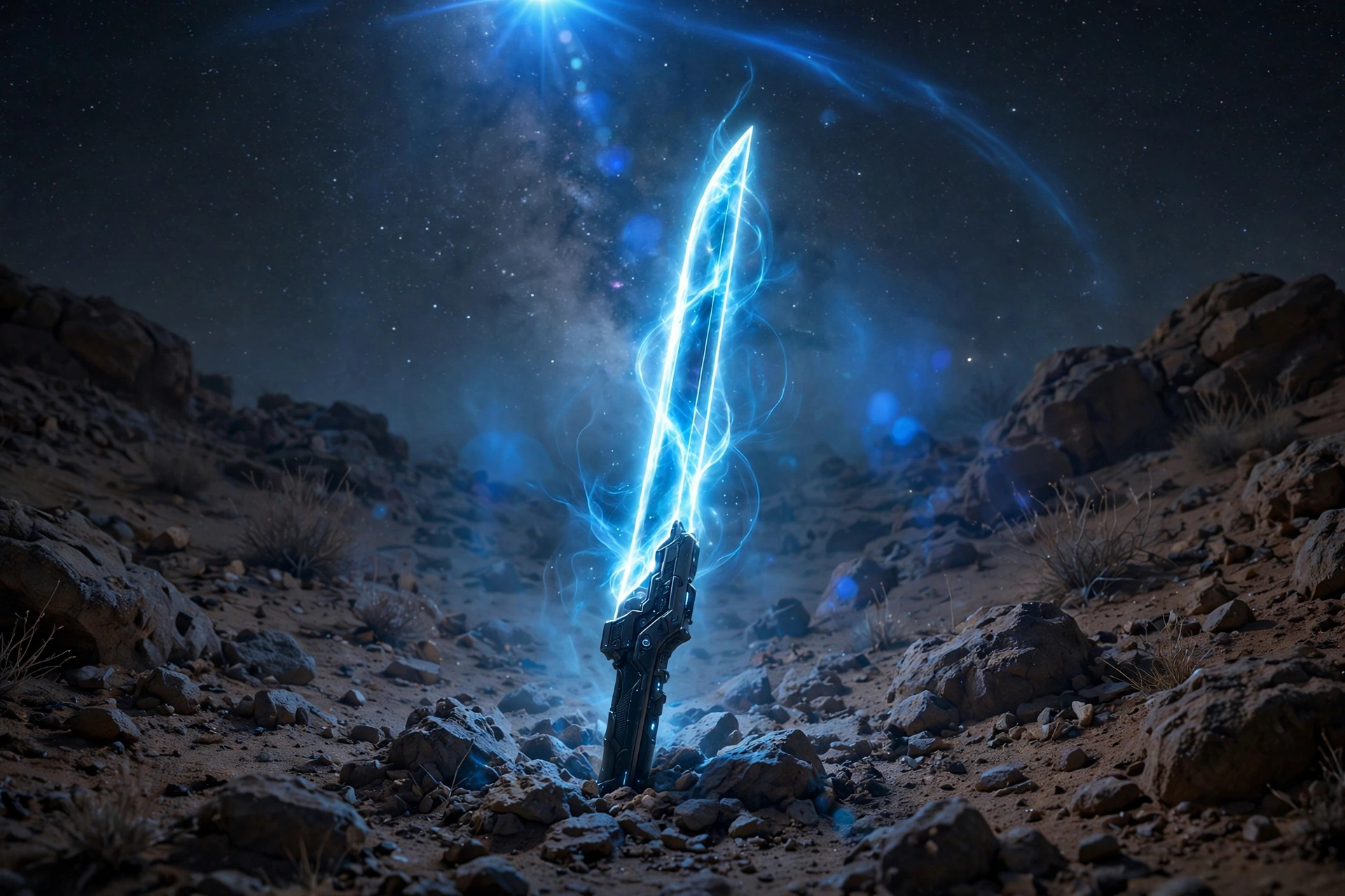 Glowing energy-sword blade planted in desert ground under a starfield, cinematic Jon Watts Star Wars movie mood