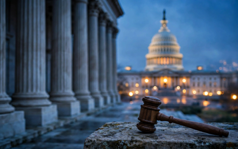 Illustration of a courthouse column and judge's gavel representing the Trump counterterrorism funds ruling in Washington, D.C.
