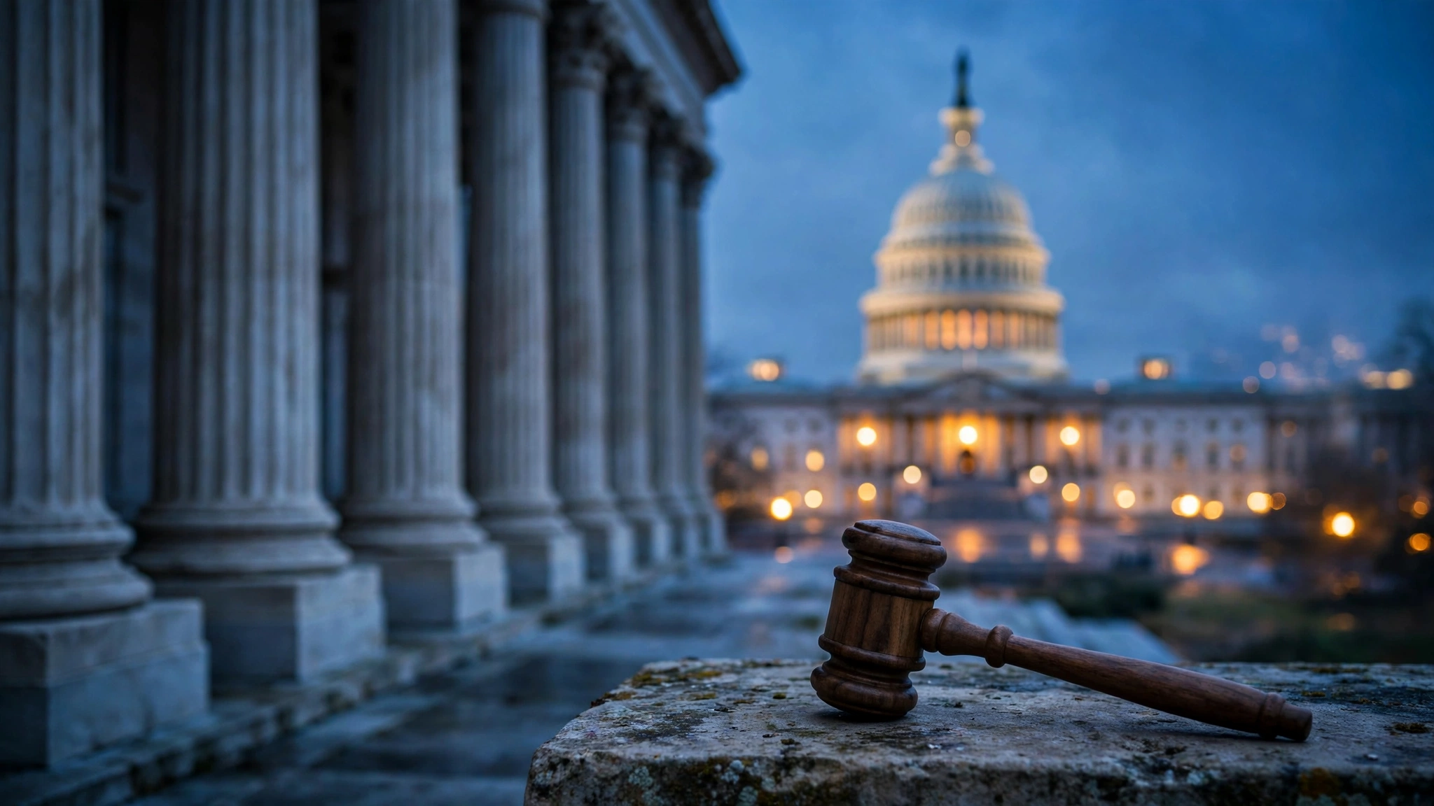 Illustration of a courthouse column and judge's gavel representing the Trump counterterrorism funds ruling in Washington, D.C.