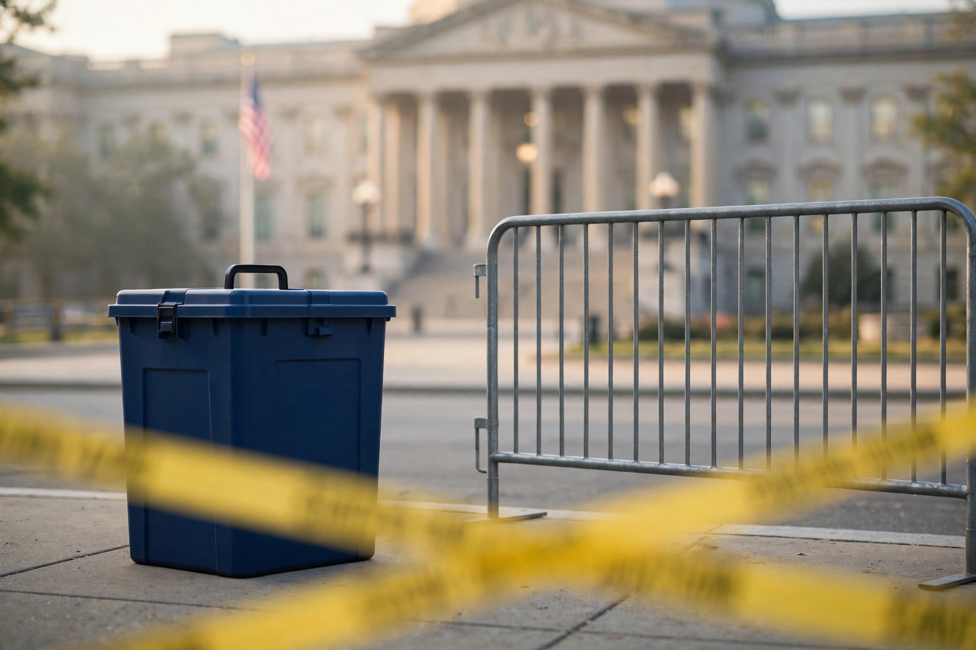 Illustration of a ballot box beside a security barrier depicting the dispute at the heart of the Trump counterterrorism funds ruling